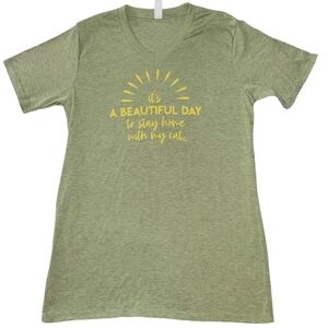 "It's A Beautiful Day To Stay Home With My Cat" Tee Green & Yellow Size Medium